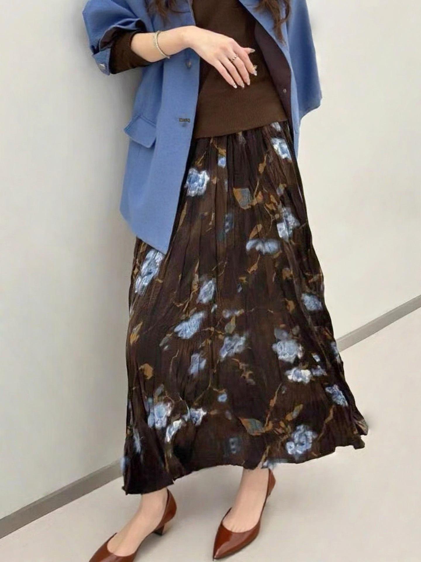 Осенняя ретро юбка-миди А-силуэта со складками 2025: Высокая талия, прикрывающие бедра, стройнящая юбка-клеш One Size синий