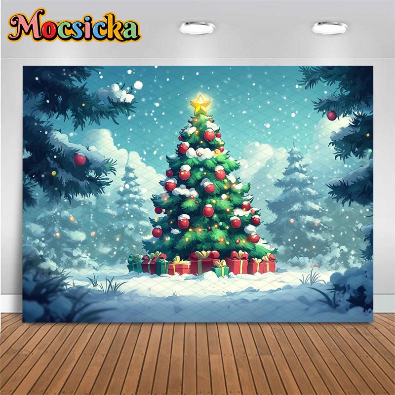Mocsicka Big Christmas Tree Photography Background Winter Snow New Year Party Wallpaper Forest Gift Decoration Festival Backdrop