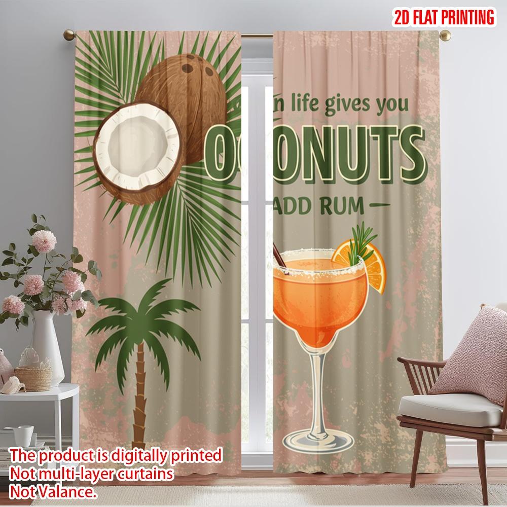 2pcs 2D Flat Printing Scene Curtains Coconut Life Rum Cocktail Polyester Without Electricity Festive Curtains Perfect for Photo