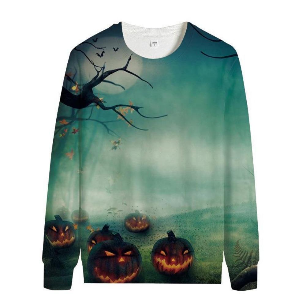 Women's Fashion Hoody Halloween Pumpkin Lamp Print Ghost Bat Sweatshirts Long Sleeved O Neck Hoodies Female Tops