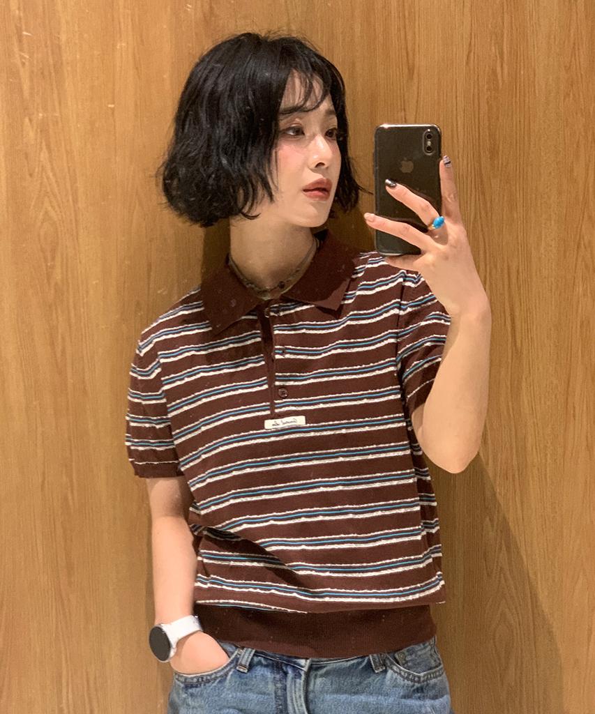 GENERALIDEA Striped Collar Half Knit [Brown] / Gf2Lkp525
