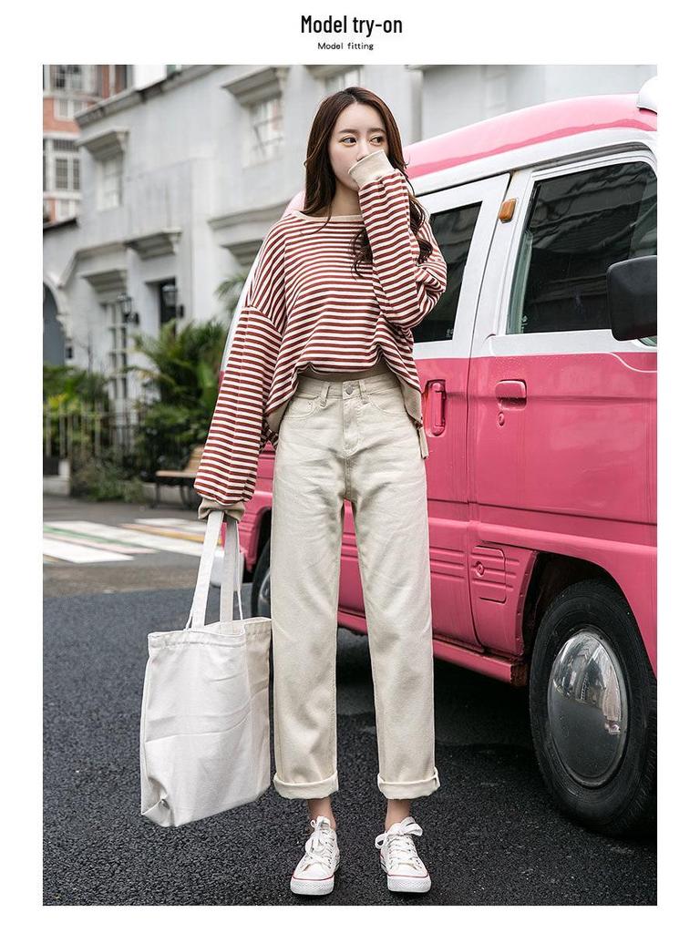 2021 Korean-Style High-Waisted Cropped Straight-Leg Jeans: Slimming, Versatile, Loose, Casual Wide-Leg Pants for Women