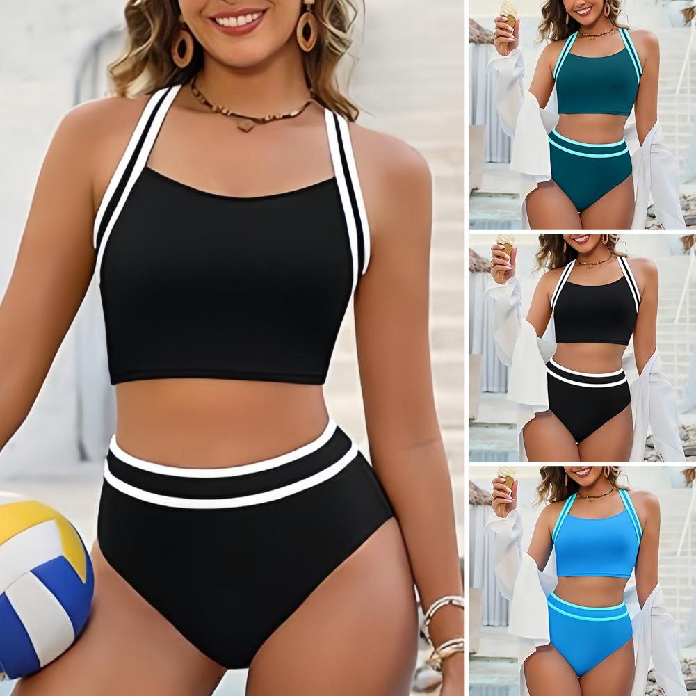Tankini Bikinis Female Two-Piece Swimwear Set Women'S Solid Color Fashion Bikini Sexy High Bikini Sets Two Piece Sporty Swimsuit