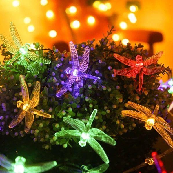 Solar Dragonfly LED String Lights - Outdoor Waterproof Decor for Balcony and Garden Atmosphere.