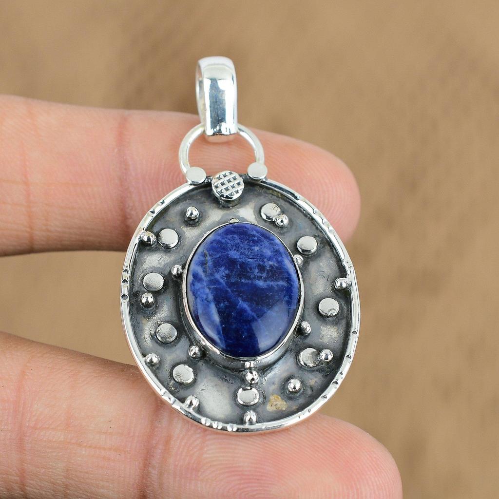 Womens Day Deal Oval Sodalite Gemstone 925 Silver Third Eye Chakra Boho Pendant