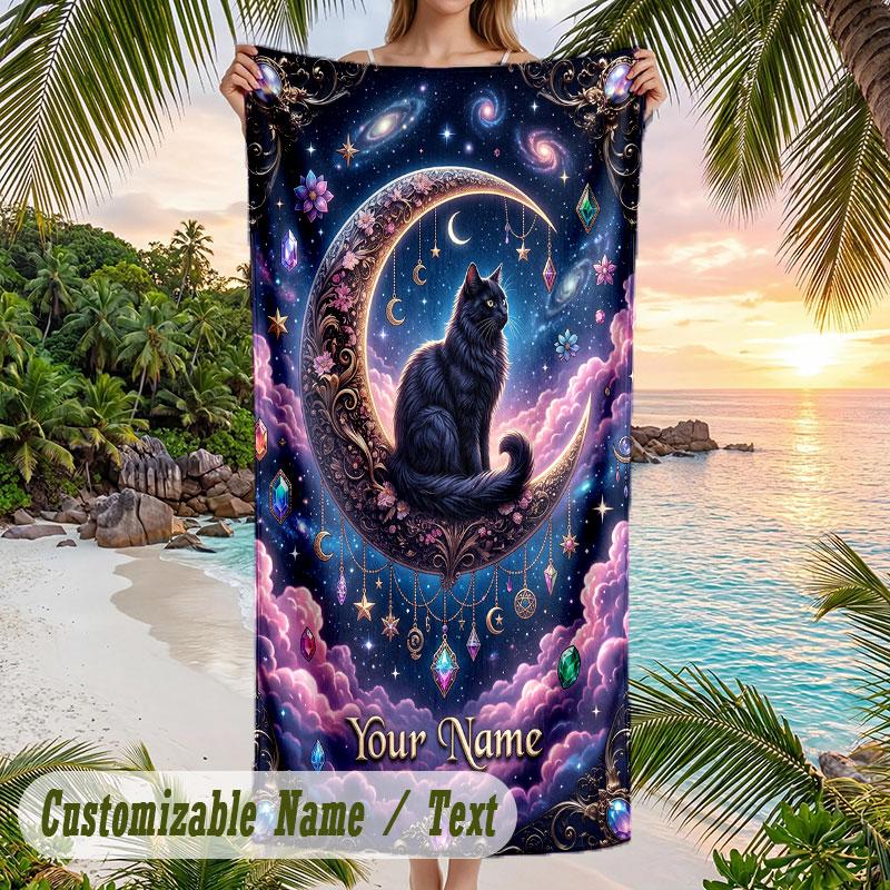 Celestial Cat Dreamscape Theme Quick Dry Beach Towel Custom Name Text Print Large Sand Resistant Towel Beach Vacation