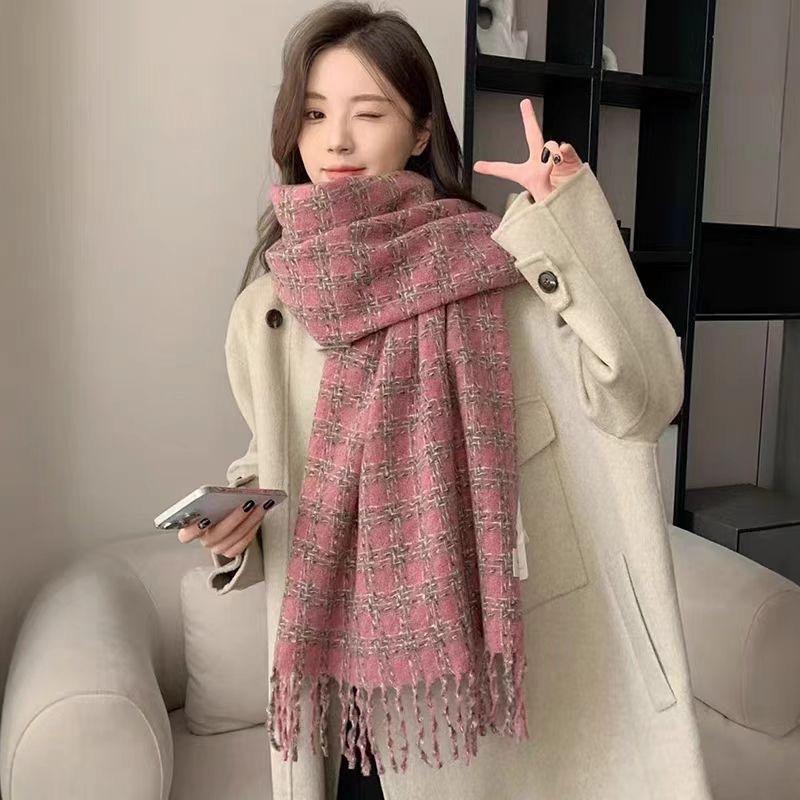 New Hoop Yarn Autumn and Winter Plaid Tassel Scarf Shawl Fashionable Senior Women Korean Style Thickened and Warm