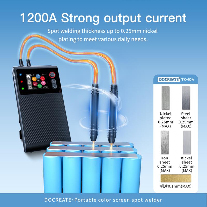 DOCREATE TK-10A Portable Spot Welder 1200A LCD Display 8000mAh Battery Dual Pulse Welds 0.25mm Nickel Plate Fast