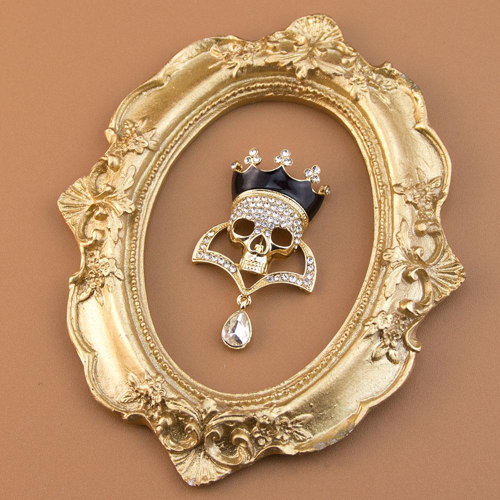Fashion Women Skull Brooch Gold Color Rhinestone Halloween Jewelry Water Droplet Pendant Hiptop Rock Punk Hell Badge