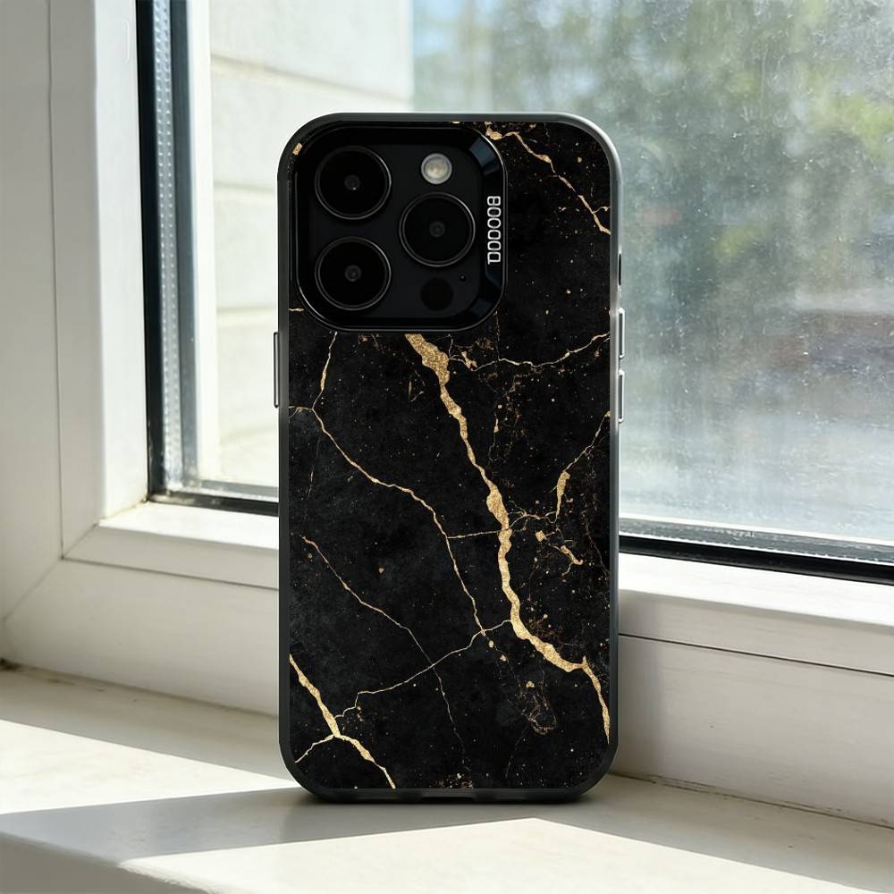 B-Black Gold Marble A-Art Phone Case For iPhone 17,16,15,14,13,12,11 Plus,Pro Max,XS,Colored Silver Plated Inside Cover
