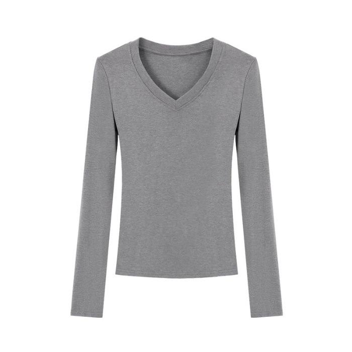 

Gray shoulder waist V-neck long-sleeved t-shirt women s new pure desire slim and thin Spice girl tight top s [recommended within 45kg ] серый
