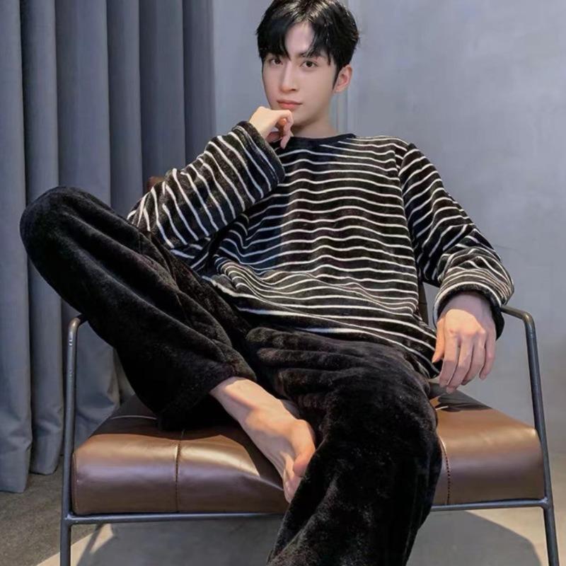 Winter Flannel Pajamas Men Korean Version of The Striped Padded Long-Sleeved Cartoon Nightwear Homewear Set Sleepwear Loungewear