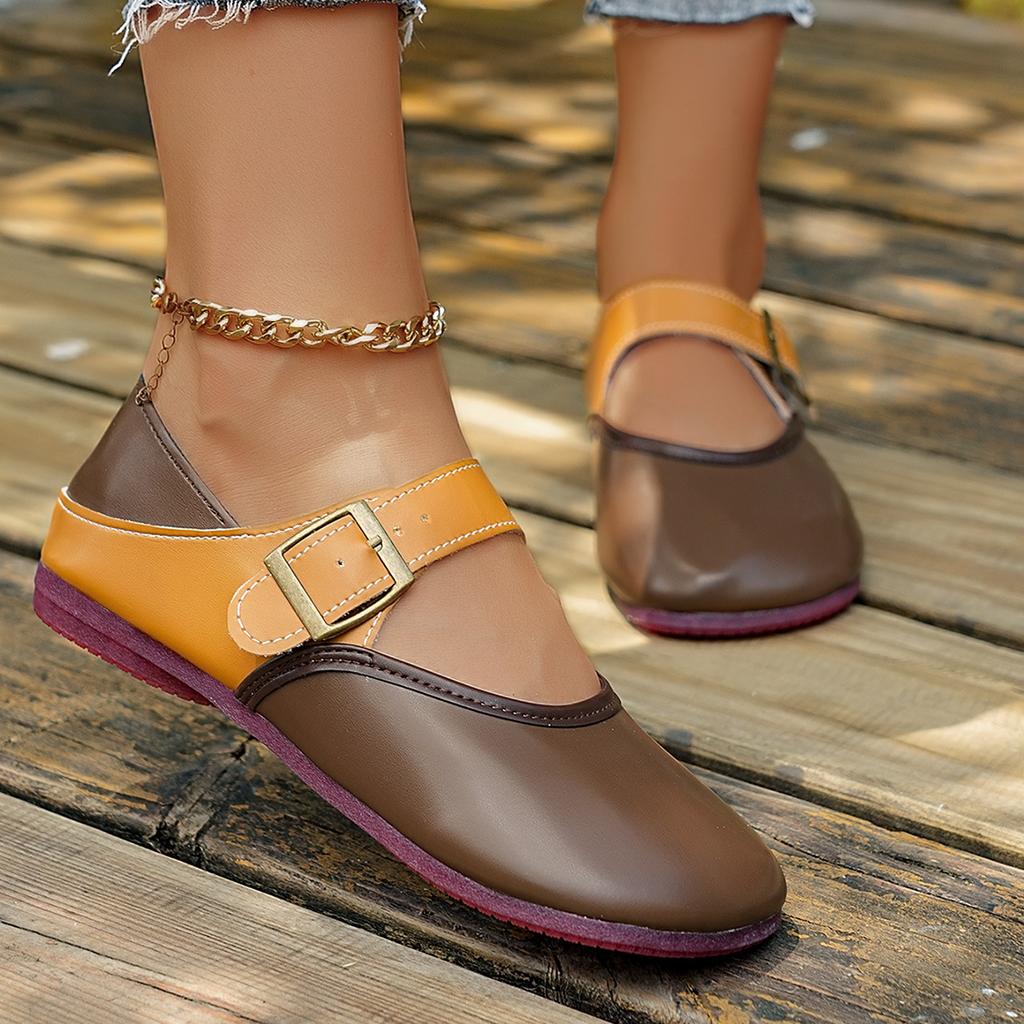 Mode Baotou Zwei Tragevarianten Einzelne Schuhe Damen Neu Frühling und Sommer Draußen Retro Flache Ballerinas Lässig Gürtelschnalle Farbblockierung Slipper