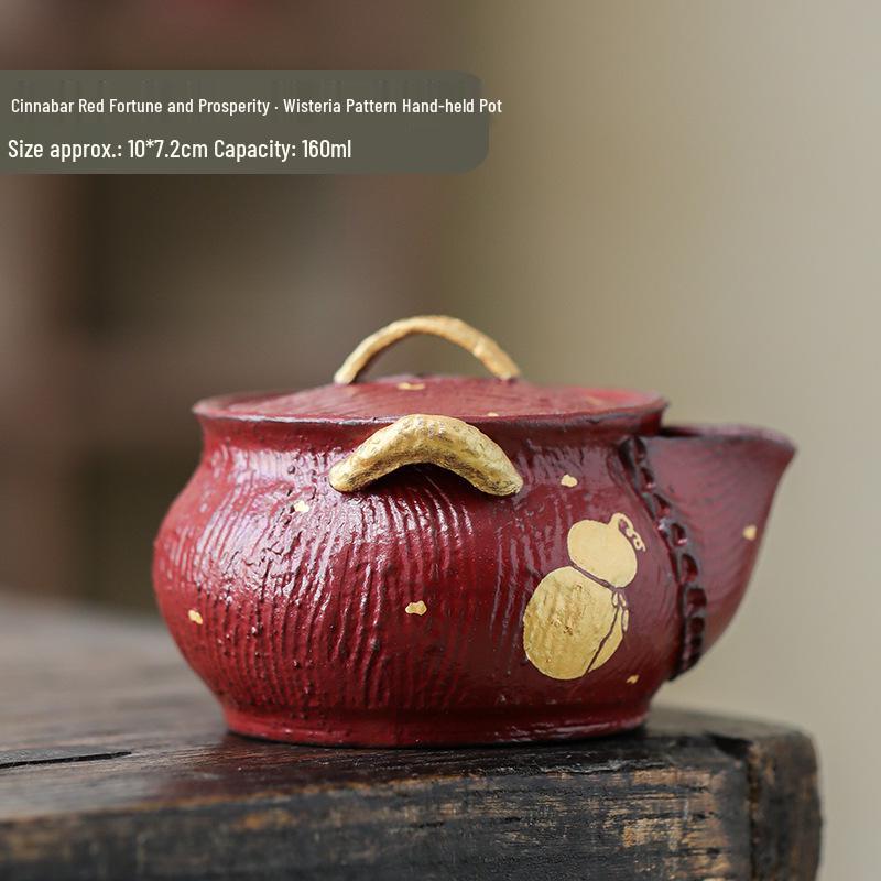Vermilion Red Fu Lu Teng Pattern Ceramic Gongfu Teapot - Traditional Handmade Retro Design