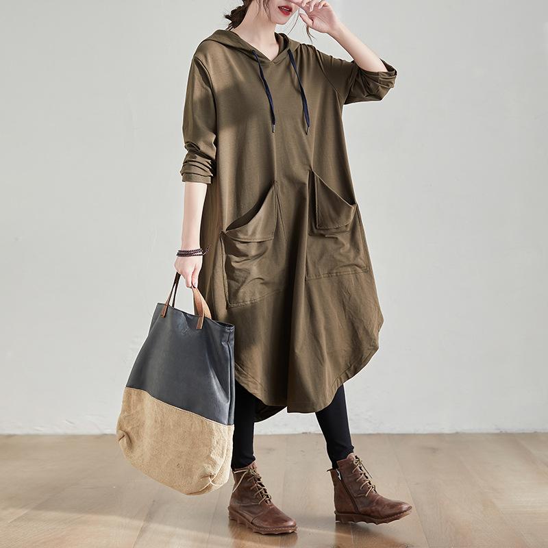2025 autumn new large size loose medium and long sweater skirt women's big pocket solid color hooded dress
