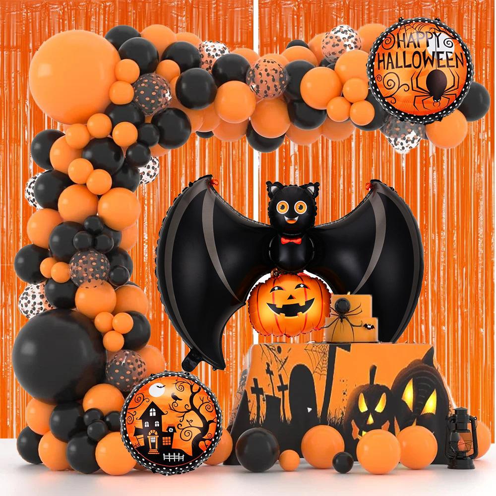 Halloween Balloon Wreath Pumpkin Aluminum Film Black Orange Latex Balloon Chain Rain Curtain Package Holiday Party Scene Decoration