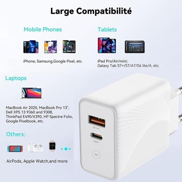 Chargeur Rapide 30W - E.F.CONNECTION - 2 Ports - Câble USB-C 20W - Compatible iPhone 17/16