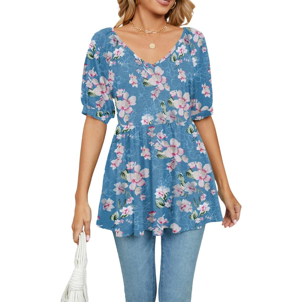 Summer Women's T-shirt V-neck Printed T-shirt Bubble Short Sleeve Drawstring Tops