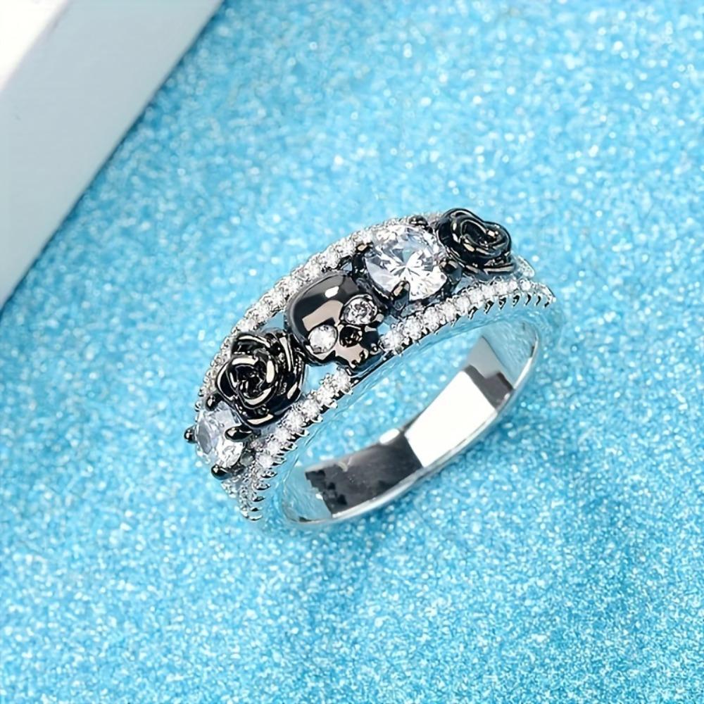 Punky & Simply Style, Black Ring Skull & Rose Design Paved Shining Zirconia Suitable For Men And Women Rings
