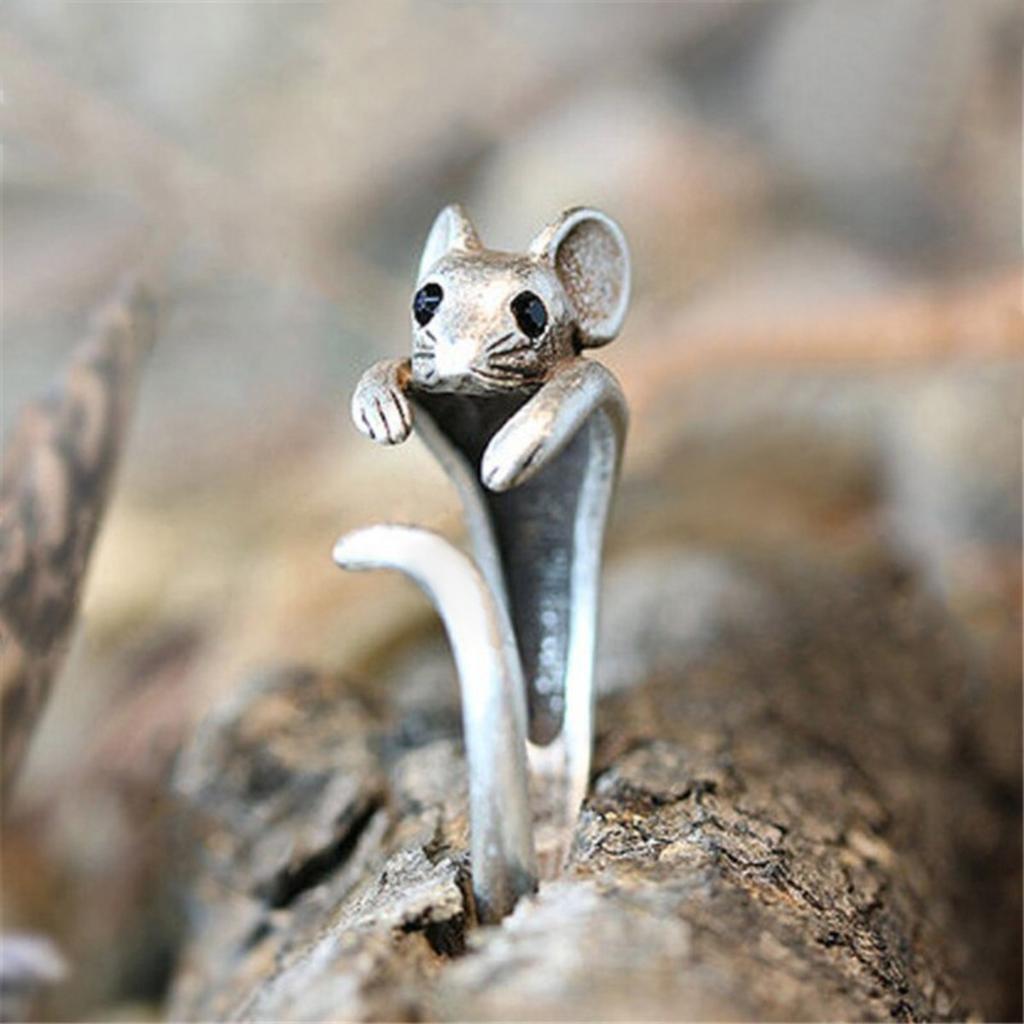 Verstellbarer Vintage Silberfarbener Niedlicher Mäuse-Tier-Wickelring Offener Band Statement-Ring für Damen