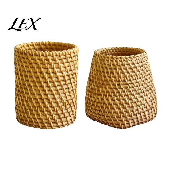 Pen Storage Container Faux Rattan Holder, Woven Style Makeup Brush Boho Pencil Case Desktop Organizer, Multi-functional Resin Cup for Home Office