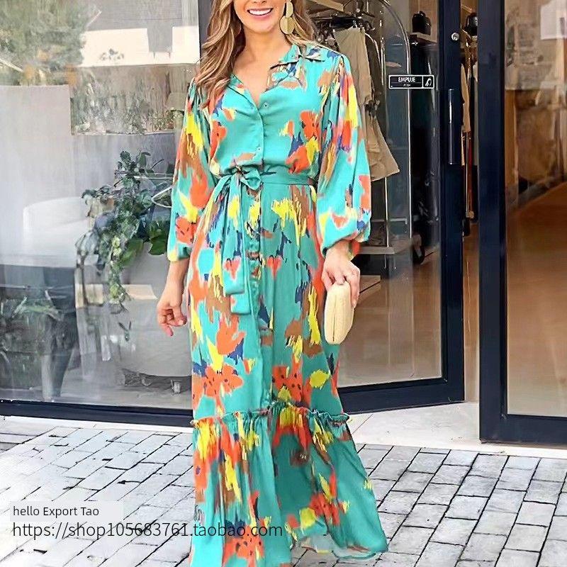 Fashion Wind Print Elegant Lapel Single Breasted Dress Printed Single Brewed Dress