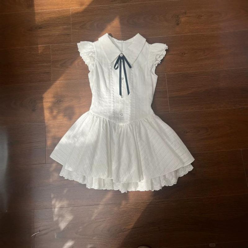White gentle wind dress summer French white moonlight waist thin lace splicing flying sleeves princess tutu