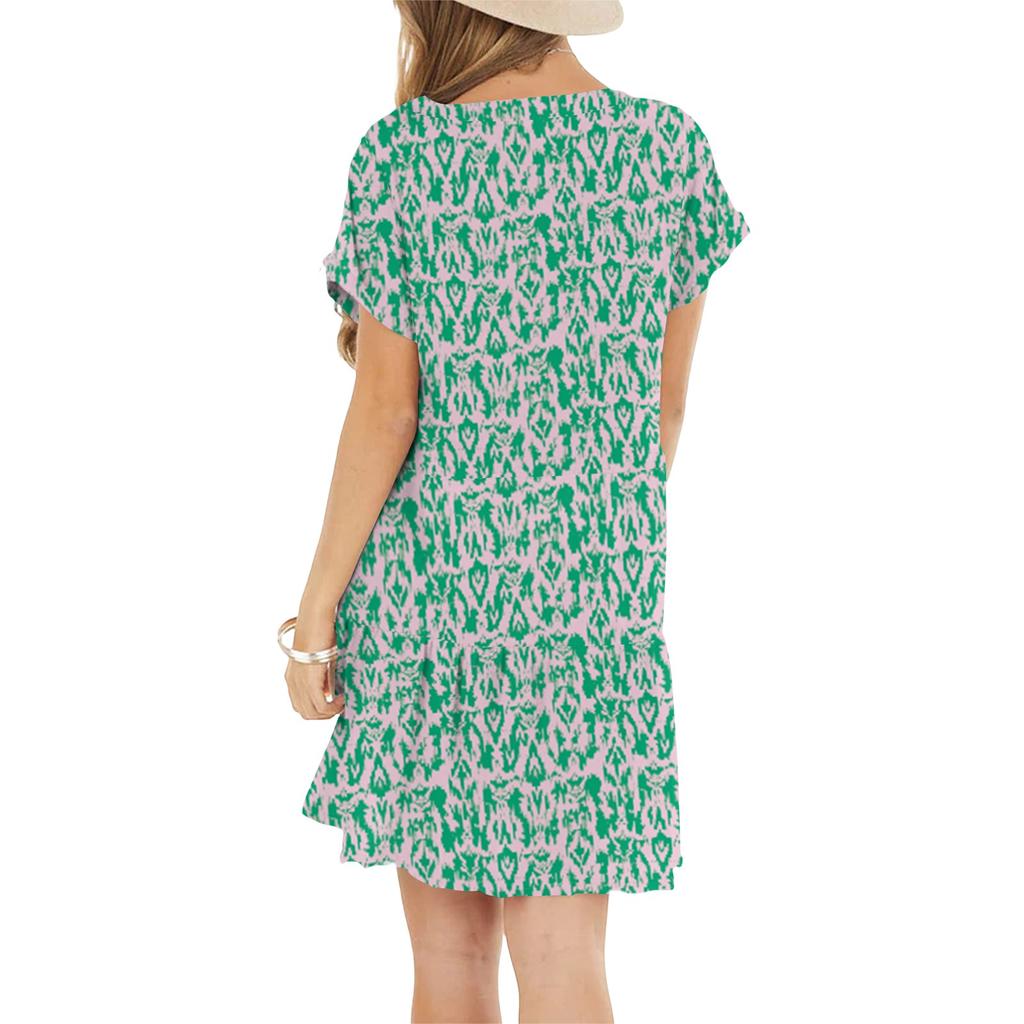 Women's Fashion Casual Round Neck Short Sleeve Ruffled Vintage Printed Dresses
