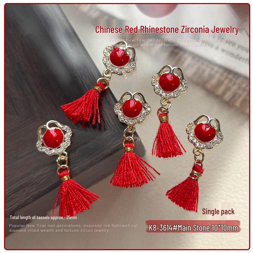 2026 New Year Zircon Nail Art: Festive Red Knot, Fu Character, Goldfish, Coin, and Rhinestone Decorations