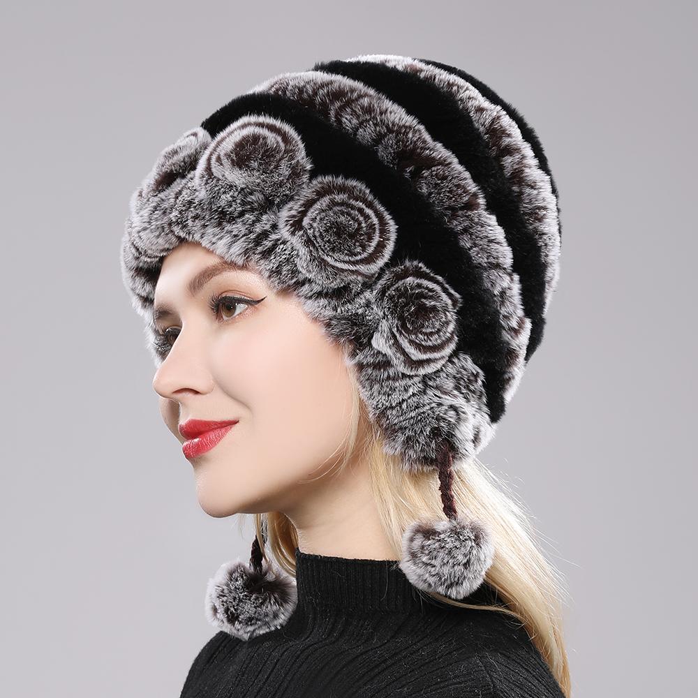 Winter Hats for Girls Women's Fur Hat Real Rex Rabbit Cap Floral Knitted Hat with Balls Skulls Beanies 55-59cm
