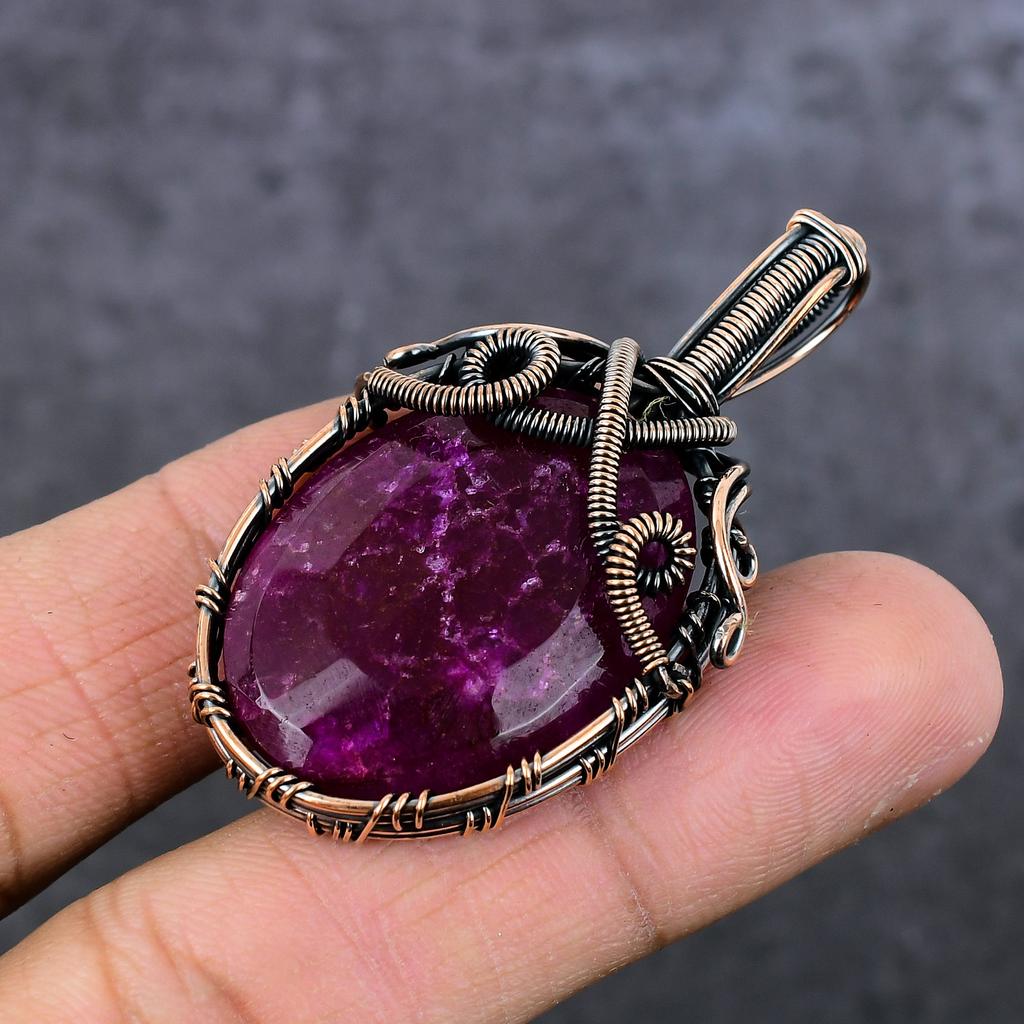 Ruby(Simulated) Gemstone Copper Wire Wrap Jewelry Pendant 2.17" i6b89