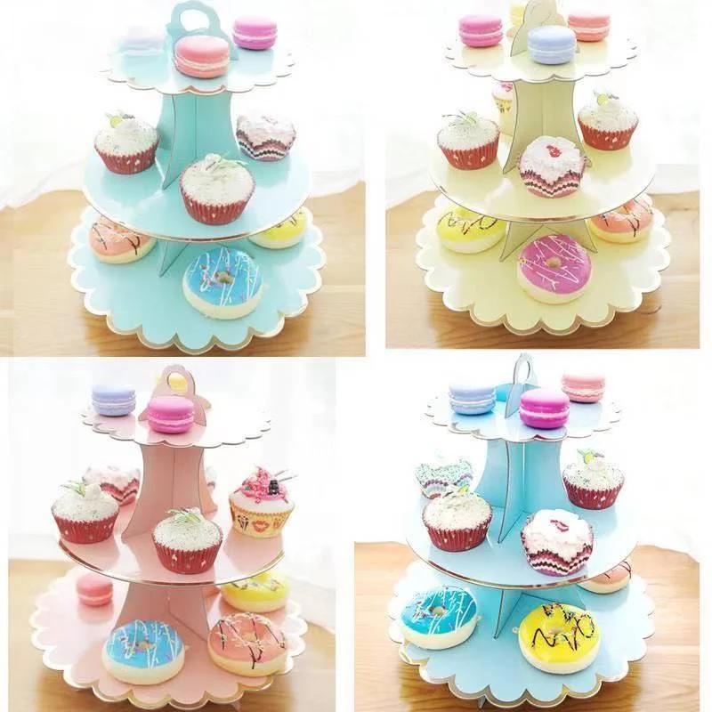 3-Layer Disposable Round Birthday Cupcake Dessert DIY Paper Craft Stand Dessert Display Rack Wedding Party Supplies Cake Tools