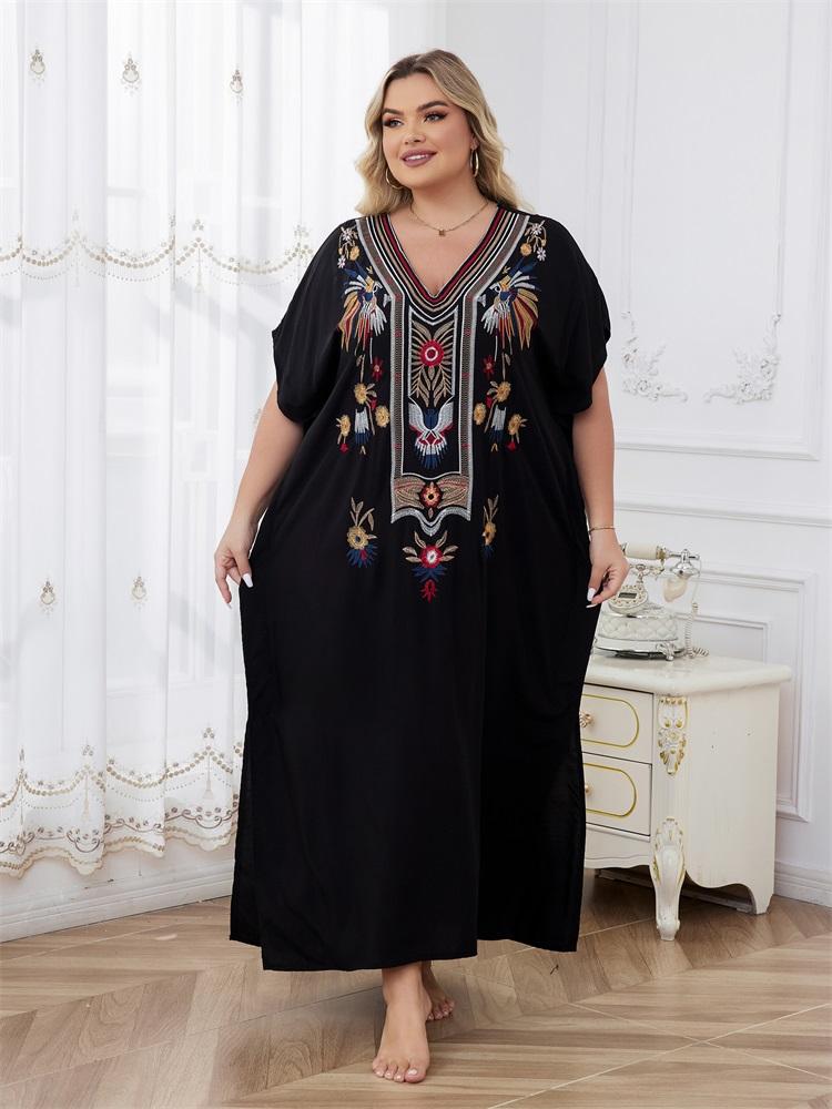 EDOLYNSA Schickes, lockeres Robenkleid im ethnischen Stil mit Stickereien 2024 für Damen, schwarzer V-Ausschnitt, Fledermausärmel, Kaftan, Urlaub, Strand, Bademode, Cover Up Q1688