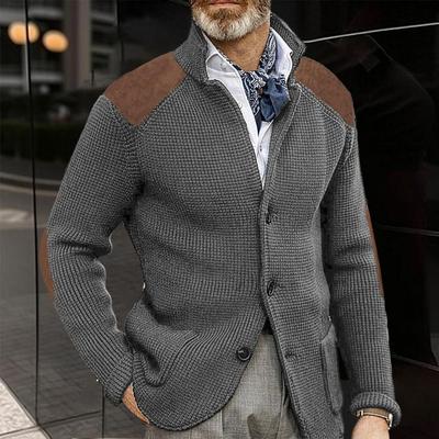 Höst Vinter Herr Stickad Kofta Enkelknäppt Nedvikt Krage Stickad Tröja Jackor Mode Patchwork Herr Tröjjacka