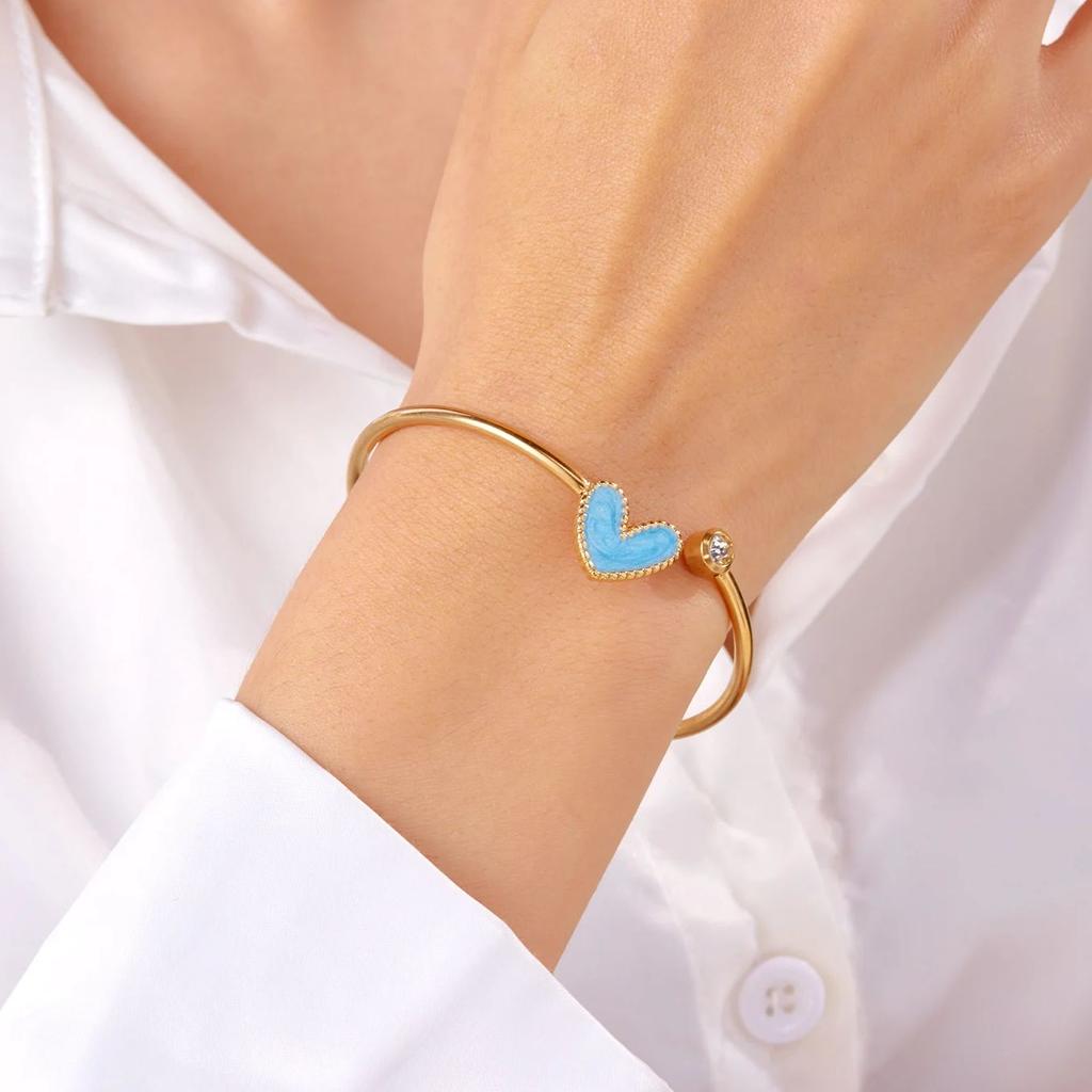 New Trendy Gold Plated Simple Heart Cuff Bangles for Women High Quality Stainless Steel Crystal Bracelets Waterproof Jewelry