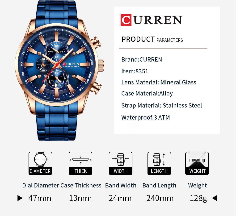 Curren 8351 Męski Wodoodporny Kwarcowy Wielofunkcyjny Zegarek Biznesowy z Kalendarzem