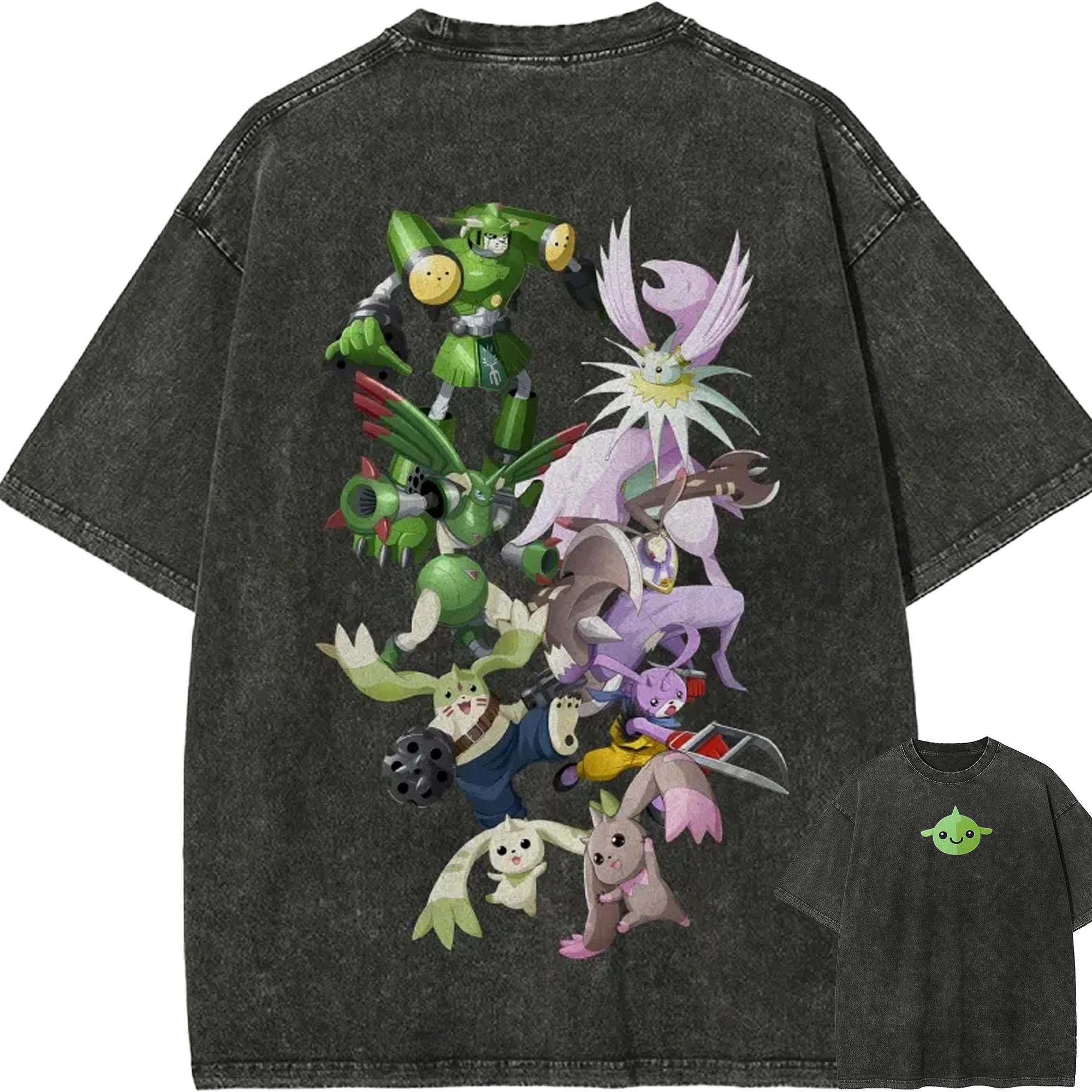 

SaintGalgomon T Shirt Men Digimon Terriermon Lopmon Vintage Acid Wash Streetwear Oversized Retro Anime Graphic Cotton Tees M