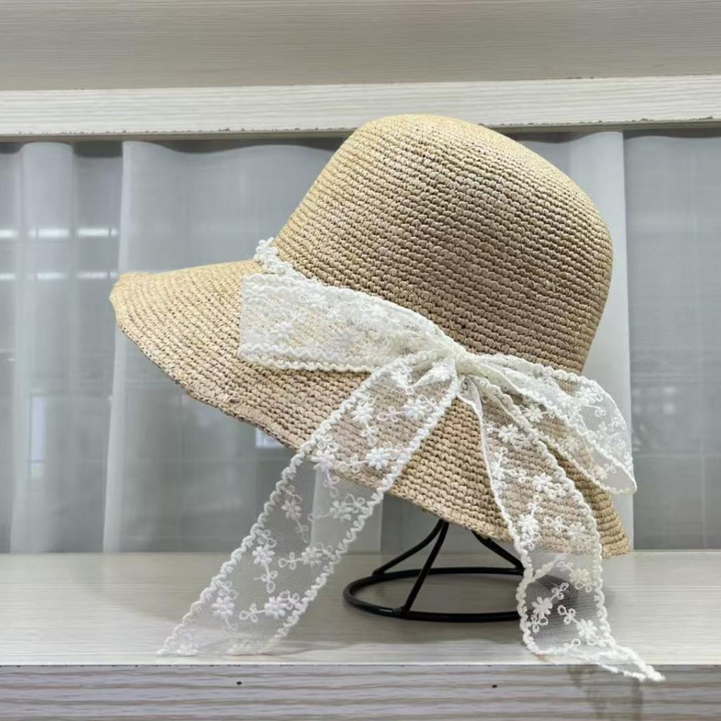 Japanese elegant lace bow sunshade straw hat women's summer travel seaside sunscreen basin hat vacation beach sun hat