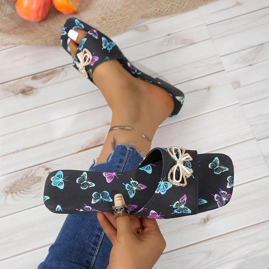Sandales plates d'été à bout carré pour femmes, nouvelles chaussures à enfiler à bout ouvert avec nœud papillon pour femmes, chaussures de plage décontractées, pantoufles pour femmes