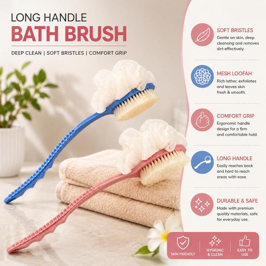 Body Brush Back Scrubber Set (Pack of 2) | Long Handle Bath & Shower Brush with Soft Bristles & Loofah Mesh | Wet & Dry Body Exfoliating Brush for