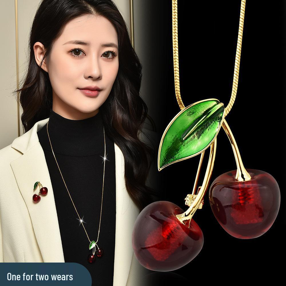 Versatile Cherry Pendant Necklace for Autumn & Winter Sweaters – Convertible Style & Corsage Accent