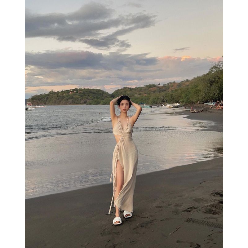 

Платье-комбинация с вырезами на талии, темпераментный стиль богини, прилегающее White S