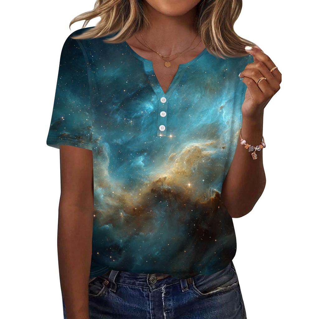 Tricou de damă, cu nasturi, cu mânecă scurtă, de zi cu zi, la modă de weekend, de bază, cu decolteu în V, obișnuit