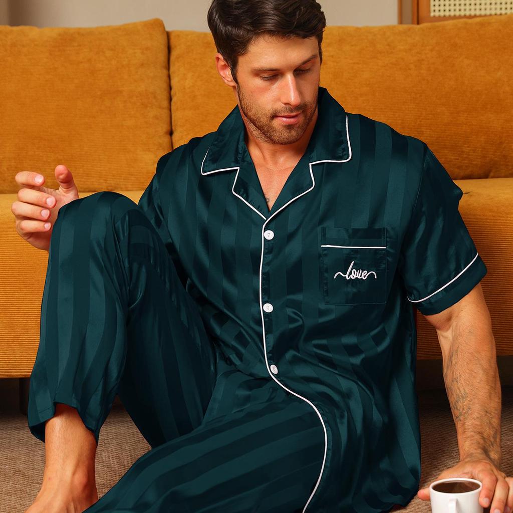 Conjunto de Pijama de Seda de Manga Corta para Hombre en Rojo