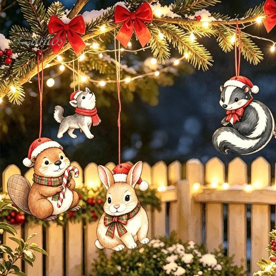 Wood Hanging Crafts for Christmas 12/24Pcs 2D Wooden Ornaments, Woodland Animal Decorations, Forest Durable Holiday Ornaments Creature Ornament Tree,