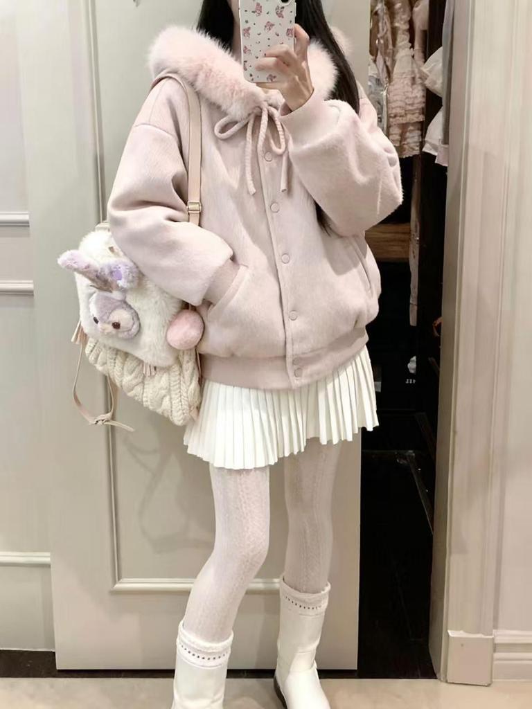 Cappotto di lana da donna con cappuccio, colletto in pelliccia e cinturino a fiocco