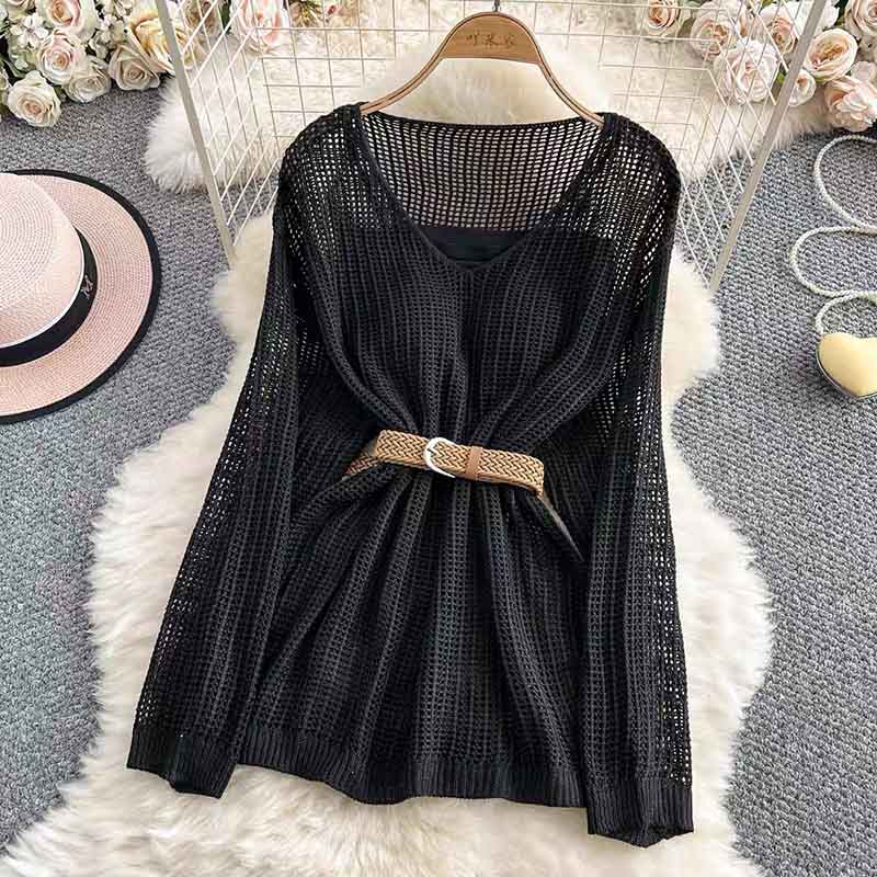 Женский свитер Весна Лето Ажурный вязаный свитер Однотонный Защита от солнца Накидка Топы XL