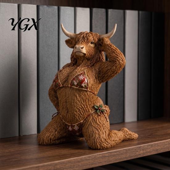 Unique Home Accents Funny Christmas Highland Cow Figurine, Sexy Statue with Santa Hat Holiday Table Decor & Xmas Bikini, Creative Desktop Tabletop