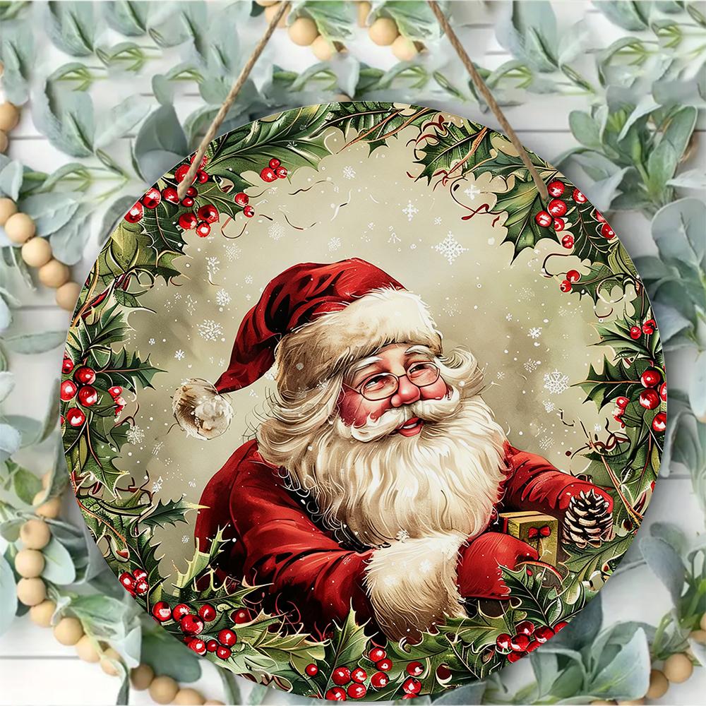 Vintage Santa Claus Pattern Natural Wood Sign Round Wooden Hanging Plaque Indoor Outdoor Door Decor Christmas Festive Home Wall Ornaments