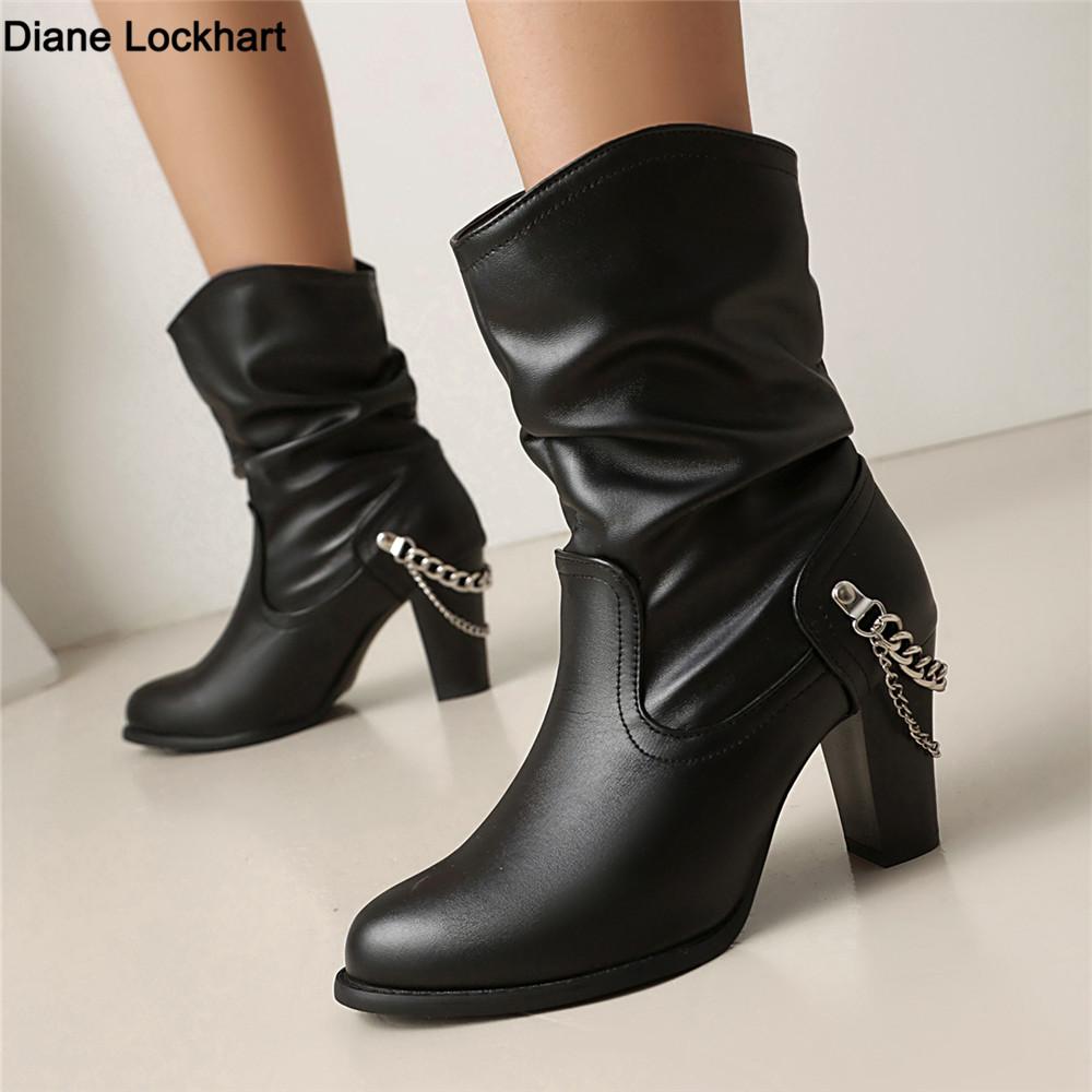 Fashion Pleated Mid-calf Boots For Women Shoes Block Heeled Chain Ankle Boots Casual Women's Autumn Winter Shoes Black Leopard Size35-48